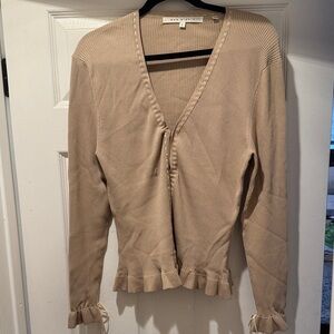 Max Studio Tan Ribbed V-Neck Cardigan with Ruffle Hem